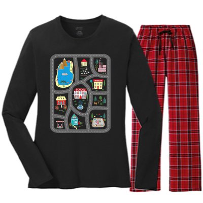 Play Cars On Dad's Back Mat Road Car Race Track Gift Women's Long Sleeve Flannel Pajama Set 