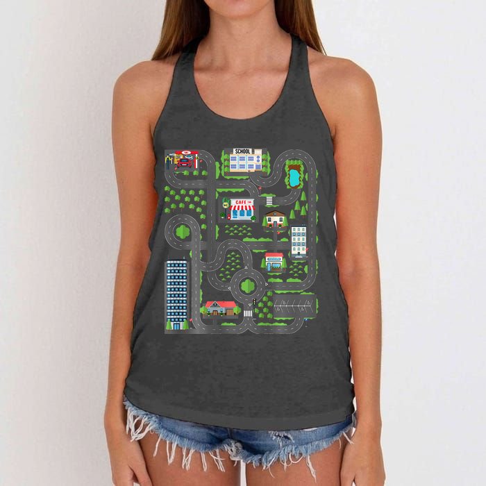 Play Cars On Dad Back Race Track Mat Fathers Day Women's Knotted Racerback Tank