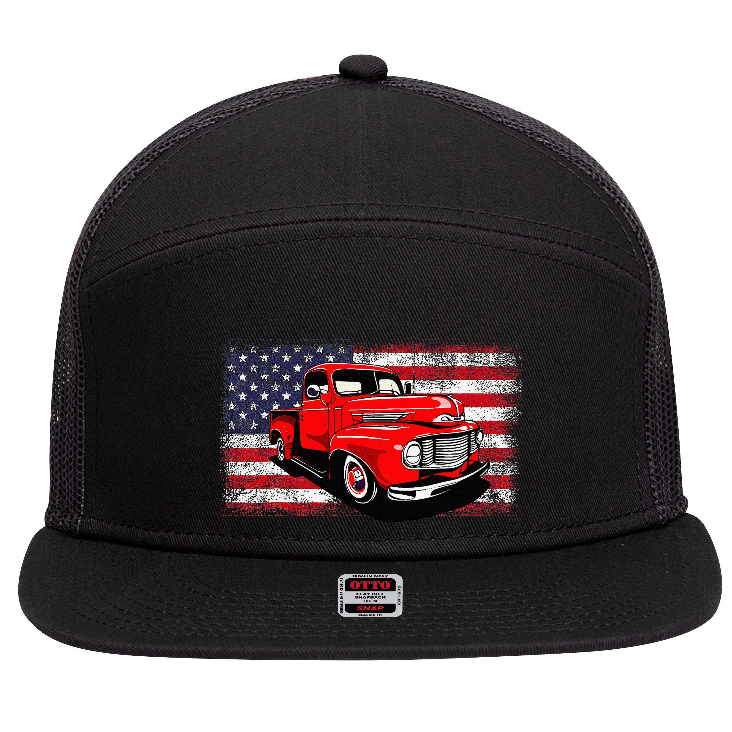 Patriotic Classic Old Pickup Truck American Flag 7 Panel Mesh Trucker Snapback Hat