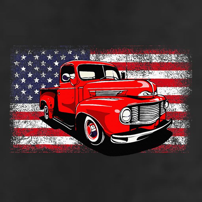 Patriotic Classic Old Pickup Truck American Flag 7 Panel Mesh Trucker Snapback Hat