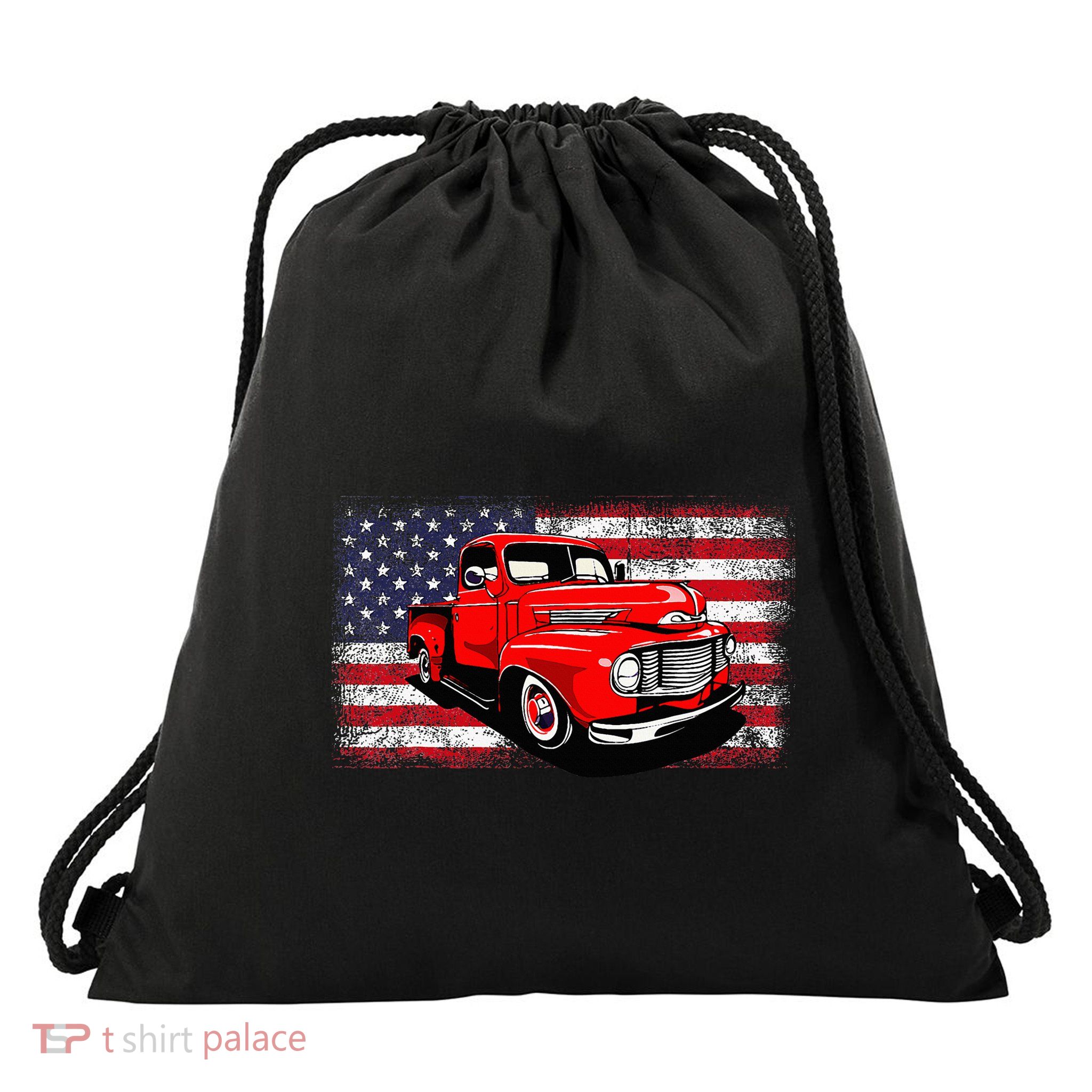 Patriotic Classic Old Pickup Truck American Flag Drawstring Bag