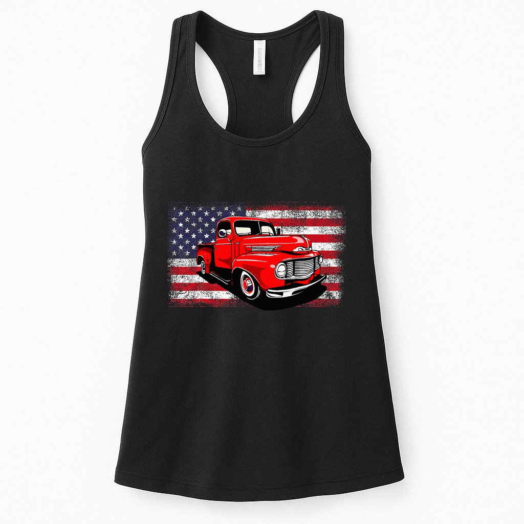 Patriotic Classic Old Pickup Truck American Flag Womens Tank Top