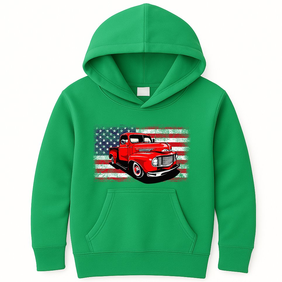 Patriotic Classic Old Pickup Truck American Flag Kids Hoodie