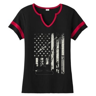 Patriotic Crane Operator Heavy Equipment Construction USA Ladies Halftime Notch Neck Tee