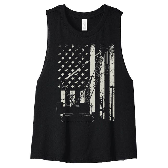 Patriotic Crane Operator Heavy Equipment Construction USA Women's Racerback Cropped Tank