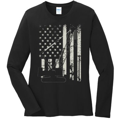 Patriotic Crane Operator Heavy Equipment Construction USA Ladies Long Sleeve Shirt