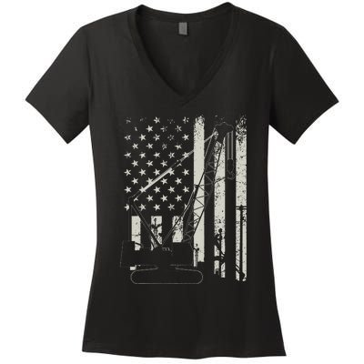 Patriotic Crane Operator Heavy Equipment Construction USA Women's V-Neck T-Shirt