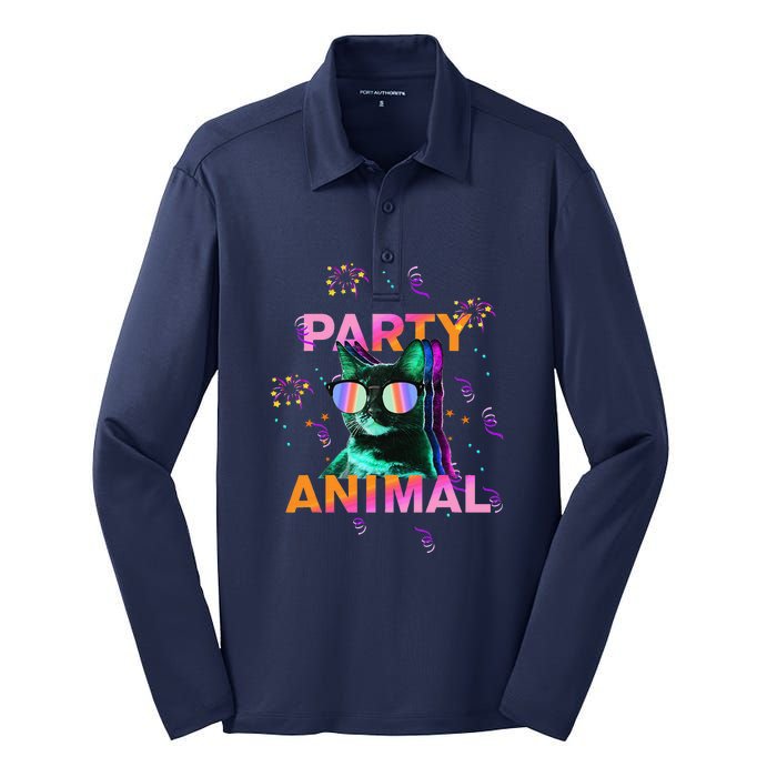 Party Cat Party Animal Colorful Funny Cat Lover Silk Touch Performance Long Sleeve Polo