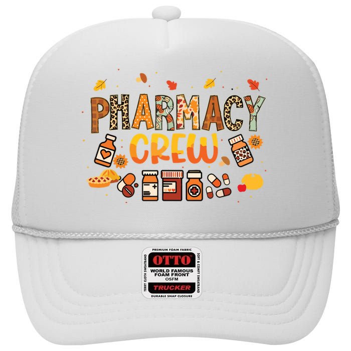 Pharmacy Crew Pharmacist Squad Autumn Fall Leaves Pumpkin High Crown Mesh Back Trucker Hat