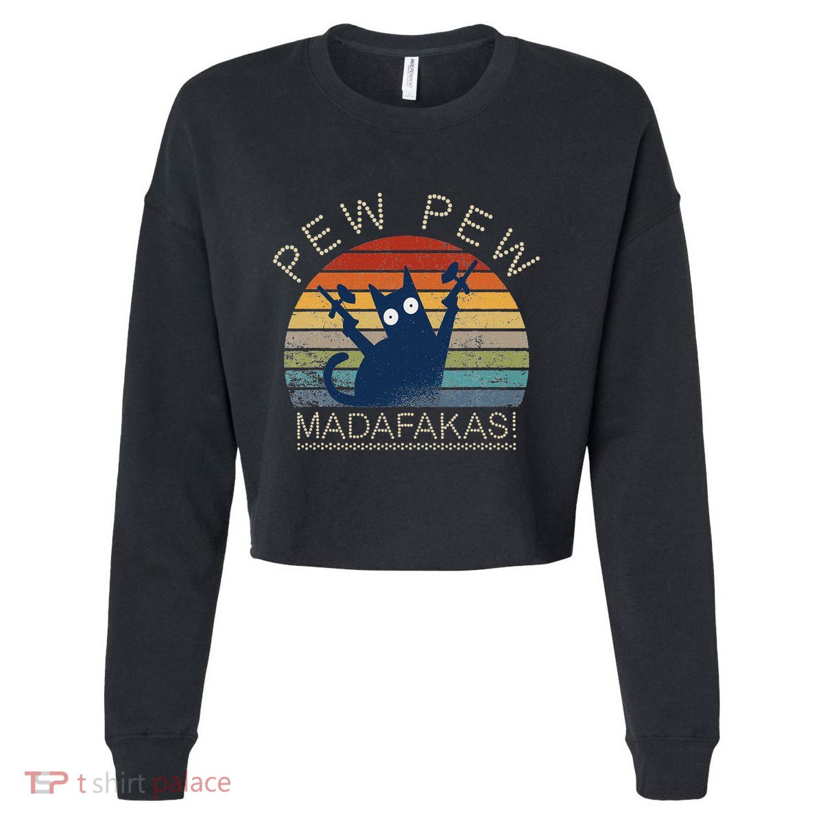 Paintball Cat Pew Pew Madafakas Crazy Cat Funny Paintball Cropped Pullover Crew