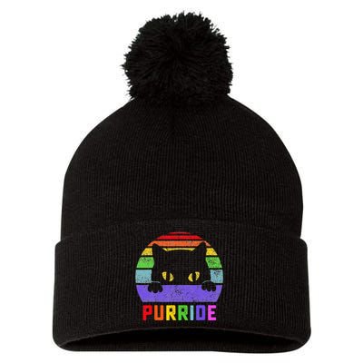 Pride Cat Purride Gay LGBTQ Rainbow Flag Retro Style Pom Pom 12in Knit Beanie