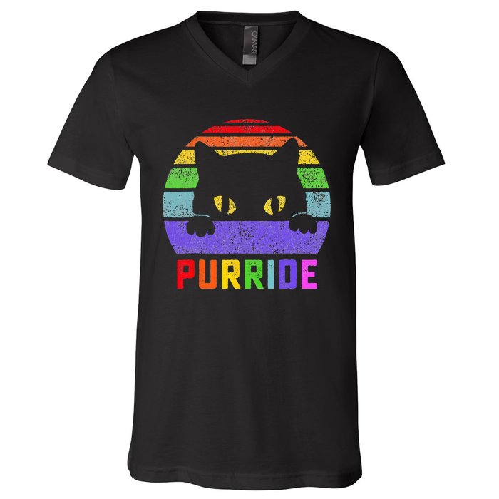 Pride Cat Purride Gay LGBTQ Rainbow Flag Retro Style V-Neck T-Shirt