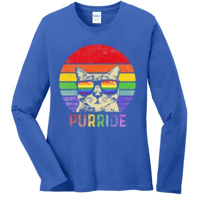 Pride Cat Purride Gay LGBTQ Rainbow Flag Retro Style Ladies Long Sleeve Shirt