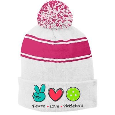 Pickleball Court Play Funny Peace & Love Design Stripe Pom Pom Beanie