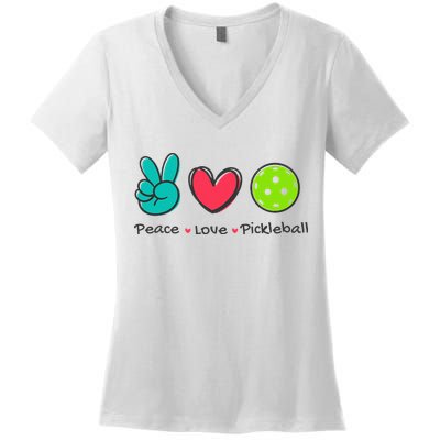 Pickleball Court Play Funny Peace & Love Design Women's V-Neck T-Shirt