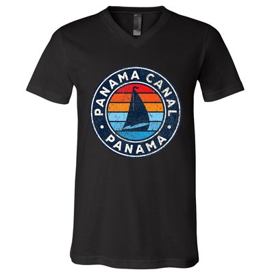 Panama Canal Panama Vintage Sailboat Retro 70s V-Neck T-Shirt