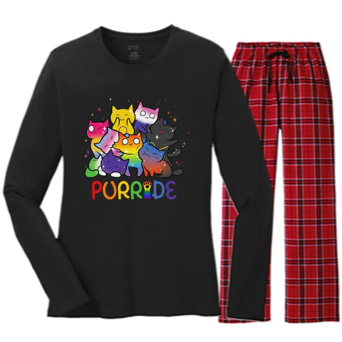 Purride Cat Pride Ally Lgbt Rainbow Animal Lovers Women Women's Long Sleeve Flannel Pajama Set 