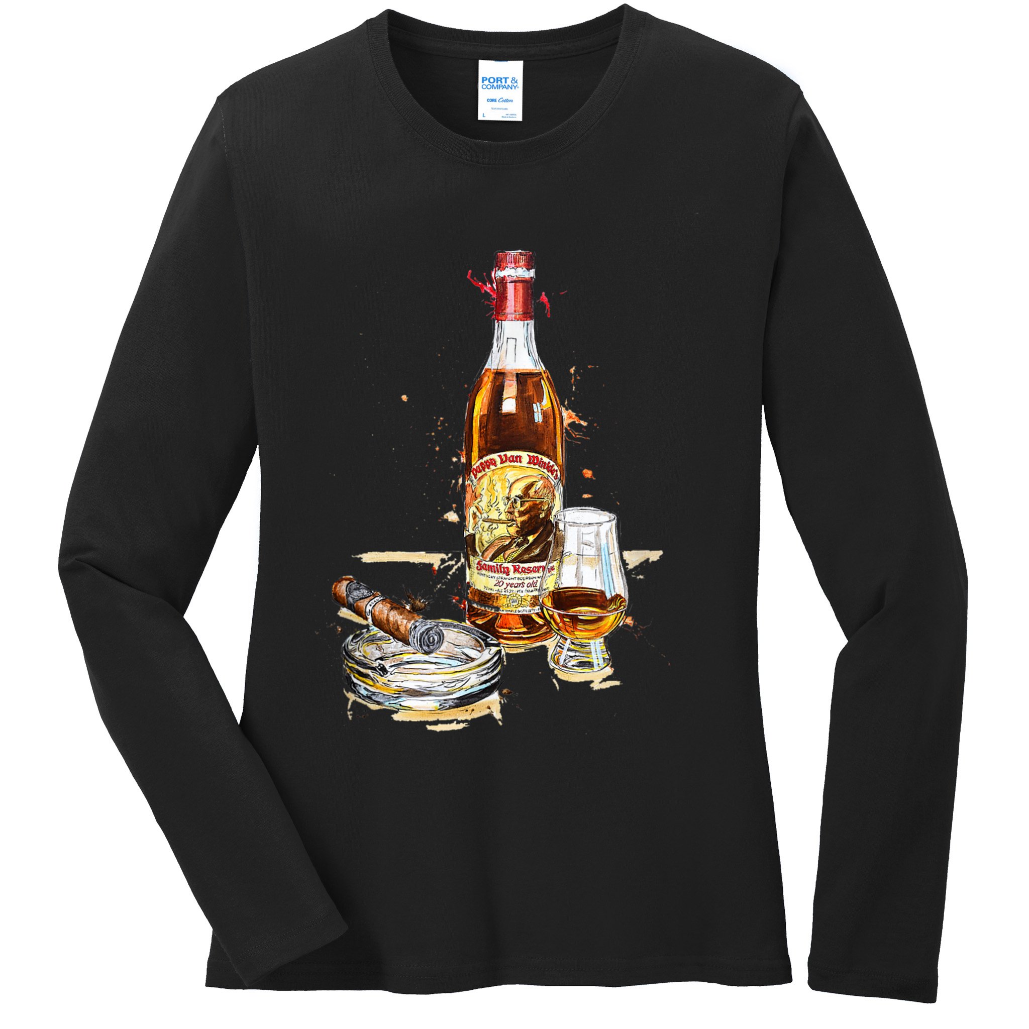 Pappy & Cigar Painting, Blantons, Buffalo Trace Ladies Long Sleeve Shirt