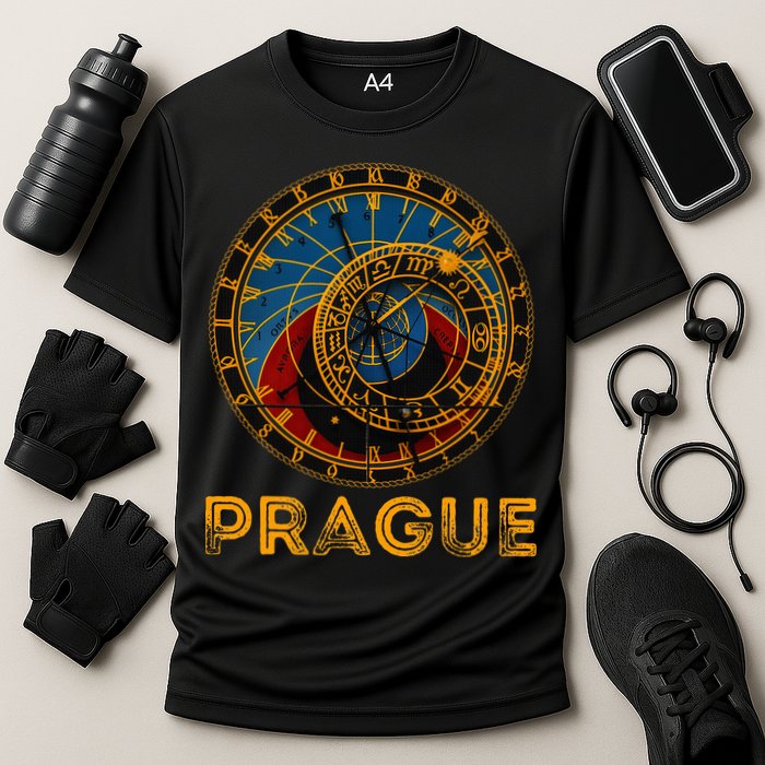 Prague Czech Republic Souvenir Astronomical Clock Prague Cooling Performance Crew T-Shirt
