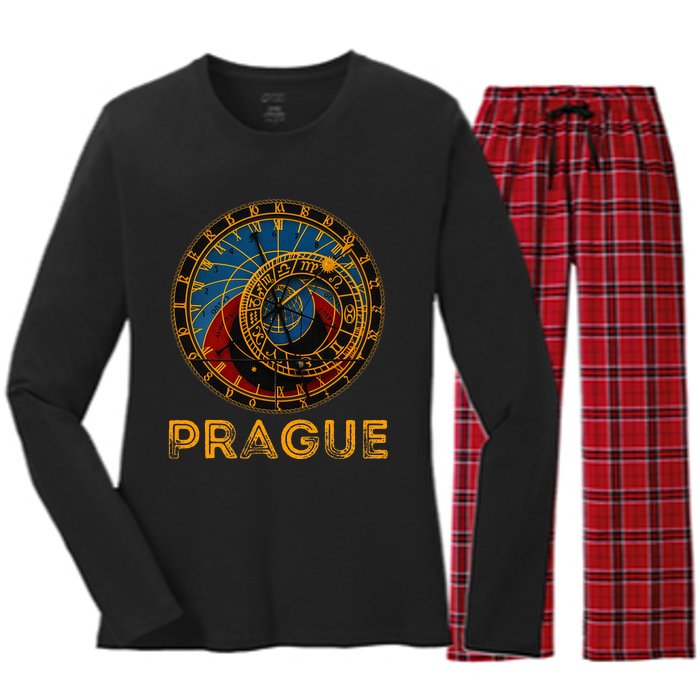 Prague Czech Republic Souvenir Astronomical Clock Prague Women's Long Sleeve Flannel Pajama Set 