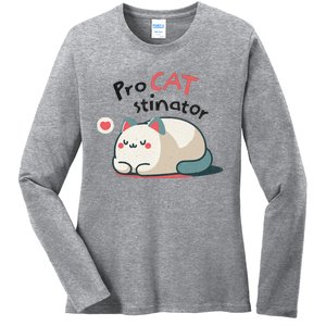 Pro Cat Stinator Adorable Lazy Cat Design Ladies Long Sleeve Shirt