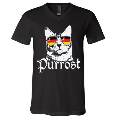 Purrost Cat Sunglasses German Flag Germany Prost Oktoberfest V-Neck T-Shirt