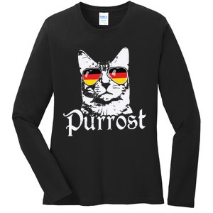 Purrost Cat Sunglasses German Flag Germany Prost Oktoberfest Ladies Long Sleeve Shirt