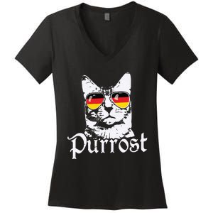 Purrost Cat Sunglasses German Flag Germany Prost Oktoberfest Women's V-Neck T-Shirt