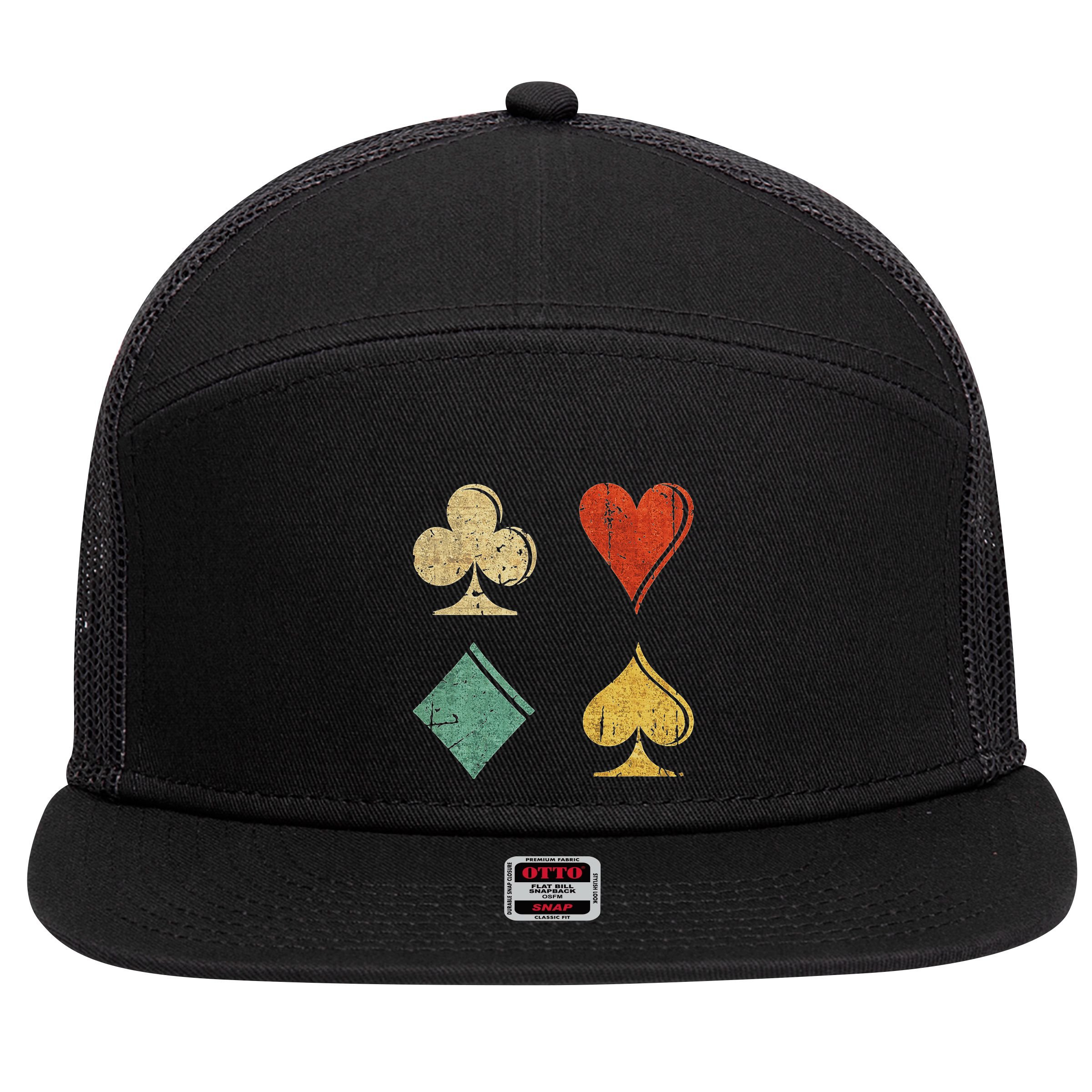 Playing Cards Spade Heart Diamond Club 7 Panel Mesh Trucker Snapback Hat