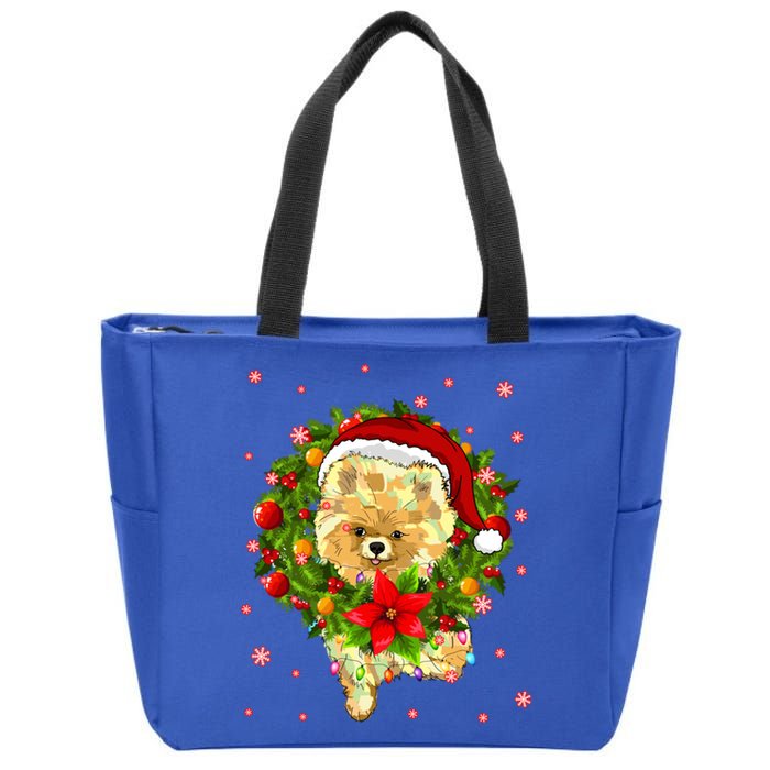 Pomeranian Christmas Santa Hat Xmas Lights Dog Lover Funny Gift Zip Tote Bag