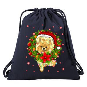 Pomeranian Christmas Santa Hat Xmas Lights Dog Lover Funny Gift Drawstring Bag