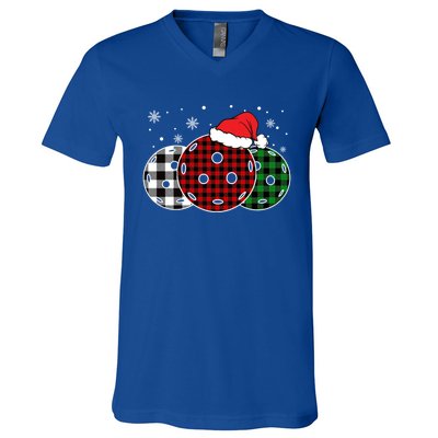 Pickleball Christmas Santa Hat Snowflakes Buffalo Plaid Funny Gift V-Neck T-Shirt