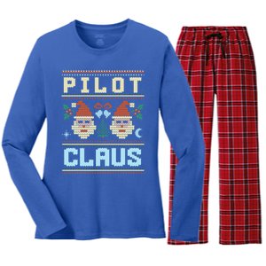 Pilot Claus Santa Flying Ugly Christmas Matching Aviator Funny Gift Women's Long Sleeve Flannel Pajama Set 