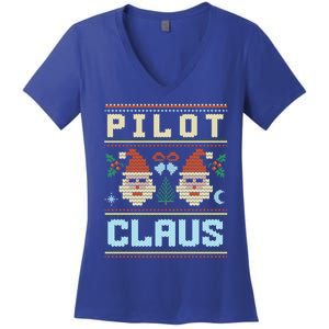 Pilot Claus Santa Flying Ugly Christmas Matching Aviator Funny Gift Women's V-Neck T-Shirt