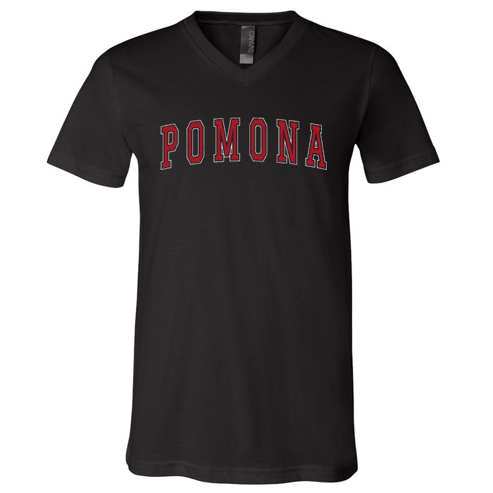 Pomona California Souvenir Vacation College Style Red Text V-Neck T-Shirt