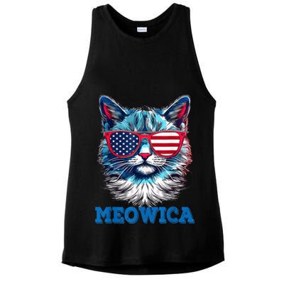Patriotic Cat Sunglasses American Flag 4th of July Meowica Ladies PosiCharge Tri-Blend Wicking Tank