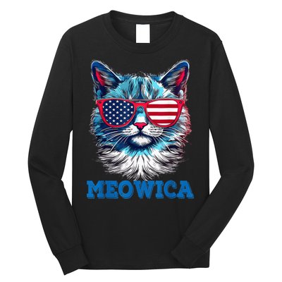 Patriotic Cat Sunglasses American Flag 4th of July Meowica Long Sleeve Shirt