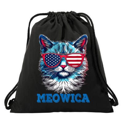 Patriotic Cat Sunglasses American Flag 4th of July Meowica Drawstring Bag