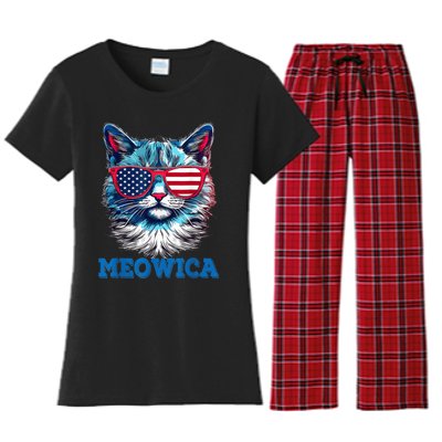 Patriotic Cat Sunglasses American Flag 4th of July Meowica Women's Flannel Pajama Set