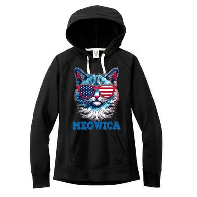 Patriotic Cat Sunglasses American Flag 4th of July Meowica Women's Fleece Hoodie