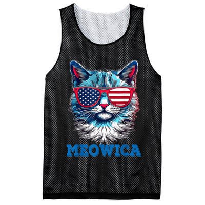 Patriotic Cat Sunglasses American Flag 4th of July Meowica Mesh Reversible Basketball Jersey Tank