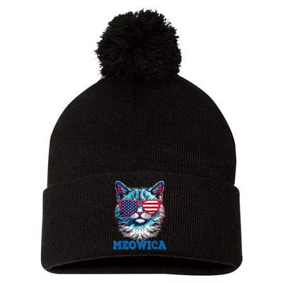Patriotic Cat Sunglasses American Flag 4th of July Meowica Pom Pom 12in Knit Beanie