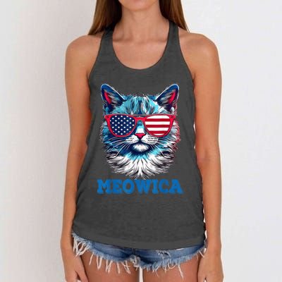 Patriotic Cat Sunglasses American Flag 4th of July Meowica Women's Knotted Racerback Tank