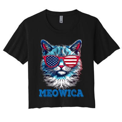 Patriotic Cat Sunglasses American Flag 4th of July Meowica Crop Top