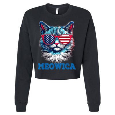 Patriotic Cat Sunglasses American Flag 4th of July Meowica Cropped Pullover Crew
