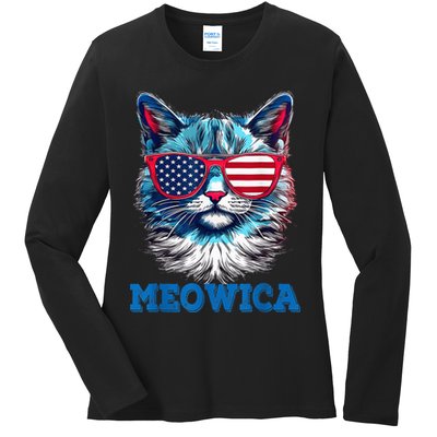 Patriotic Cat Sunglasses American Flag 4th of July Meowica Ladies Long Sleeve Shirt