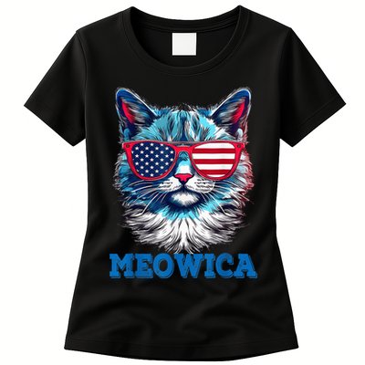 Patriotic Cat Sunglasses American Flag 4th of July Meowica Womens T-Shirt