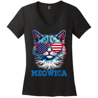 Patriotic Cat Sunglasses American Flag 4th of July Meowica Women's V-Neck T-Shirt