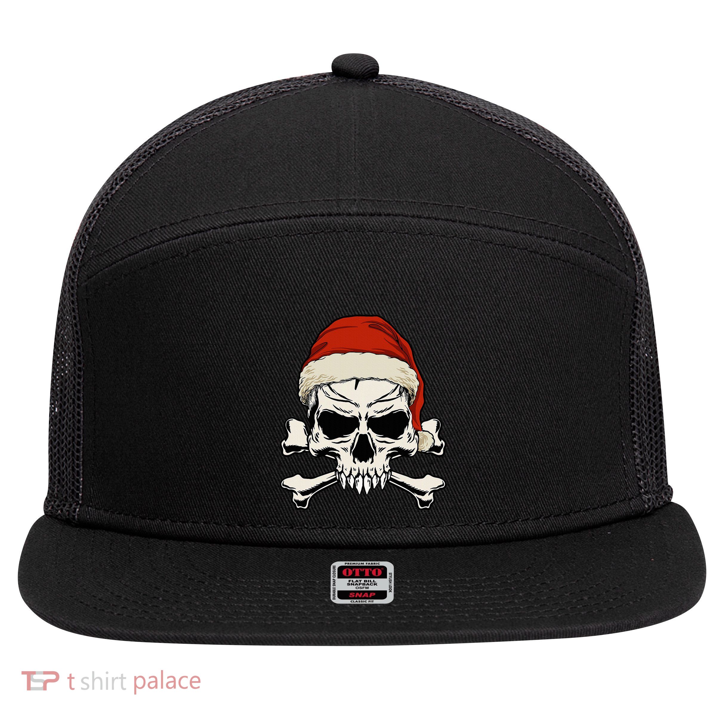 Pirate Christmas Skull & Crossbones Santa Hat. Goth Pirate 7 Panel Mesh Trucker Snapback Hat