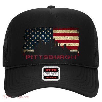 Pittsburgh City Skyline Art Usa Flag Sl City American High Crown Mesh Back Trucker Hat